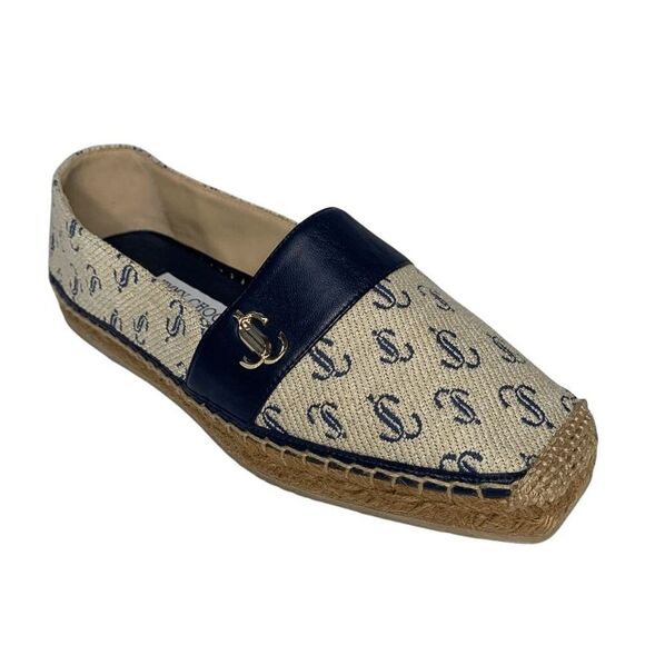 Jimmy Choo Dru Logo-Print Espadrilles EU 36.5 Monogram Canvas/Leather Flats - Picture 1 of 10